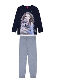 Pigiama con maglia a maniche lunghe di colore blu navy con una stampa grafica che raffigura una ragazza con i capelli ricci e un lupo, abbinato a pantaloni grigi chiari con vita elastica.