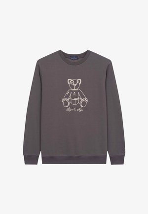 Grauer Pullover mit einem Sahne-farbenen Teddy-Bären-Graphic und Text. Gerippter Kragen und Bündchen, mit einer normalen Passform. Baumwoll-Mischgewebe.