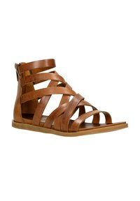 Sandalo in pelle marrone con fasce incrociate, punta aperta e suola piatta. Presenta una chiusura con zip laterale e una finitura testurizzata.