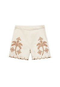 Beiga shorts med brun palmtree- och blommöster, scallopdetalj i nederkanten och en mjuk textur. Platt framsidan utan fickor.
