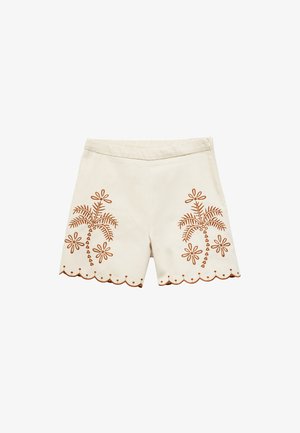 Beige shorts with brown palm tree and flower embroidery, scalloped hem detail, and a smooth texture. Flat front design with no pockets.