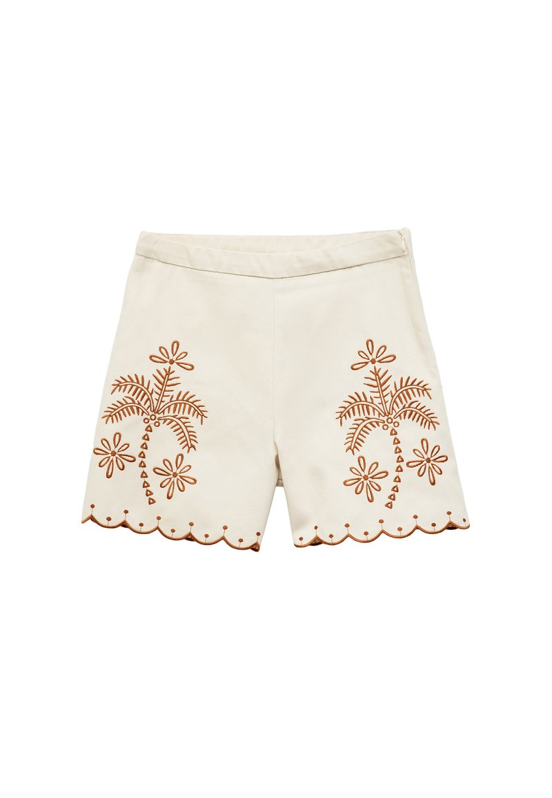 Beiga shorts med brun palmtree- och blommöster, scallopdetalj i nederkanten och en mjuk textur. Platt framsidan utan fickor.