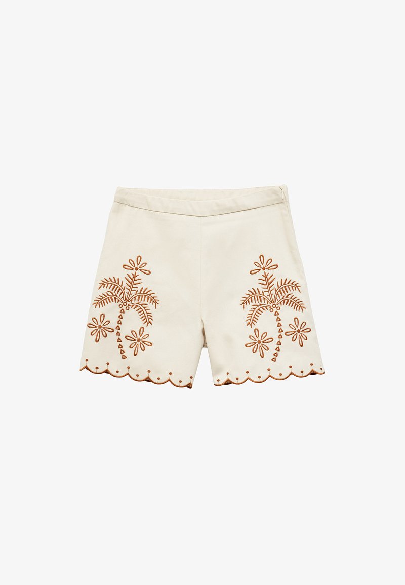 Beige shorts with brown palm tree and flower embroidery, scalloped hem detail, and a smooth texture. Flat front design with no pockets.