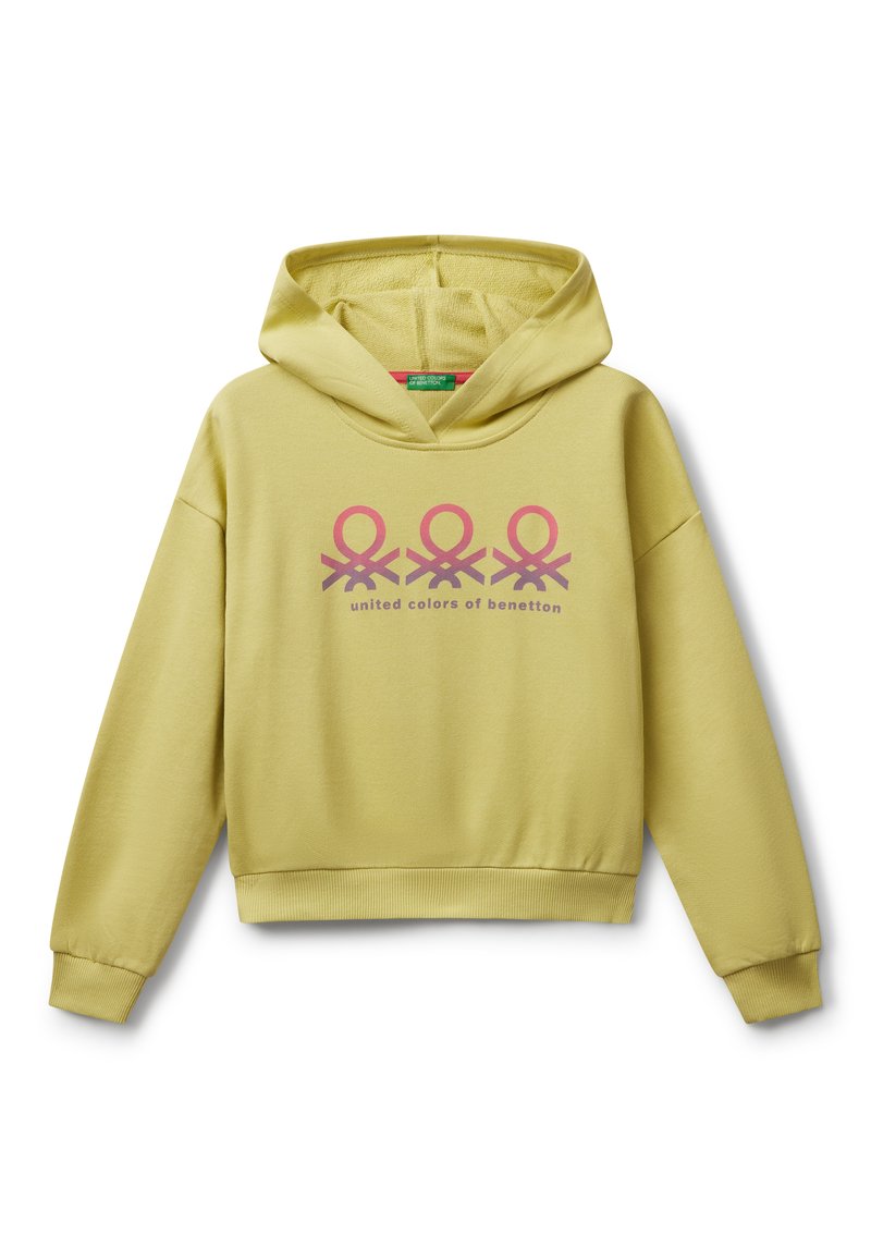Sudadera con capucha verde claro con logotipos en rosa y púrpura y texto "united colors of benetton" en el frontal.