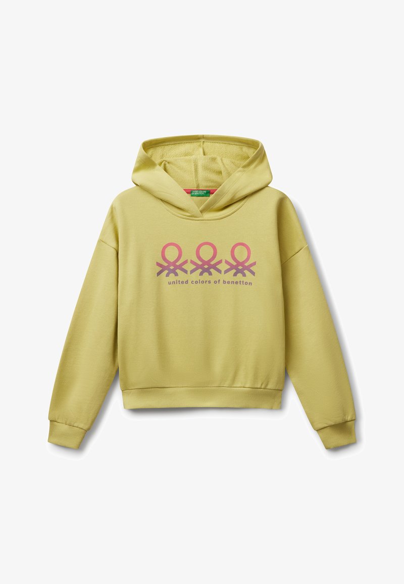 Sudadera con capucha verde claro con logotipos en rosa y púrpura y texto "united colors of benetton" en el frontal.