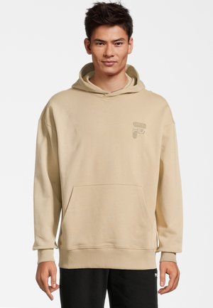 Felpa con cappuccio beige, dotata di tasca anteriore, polsini e orlo a coste, con un piccolo logo stampato sul petto. Tessuto morbido, design casual.