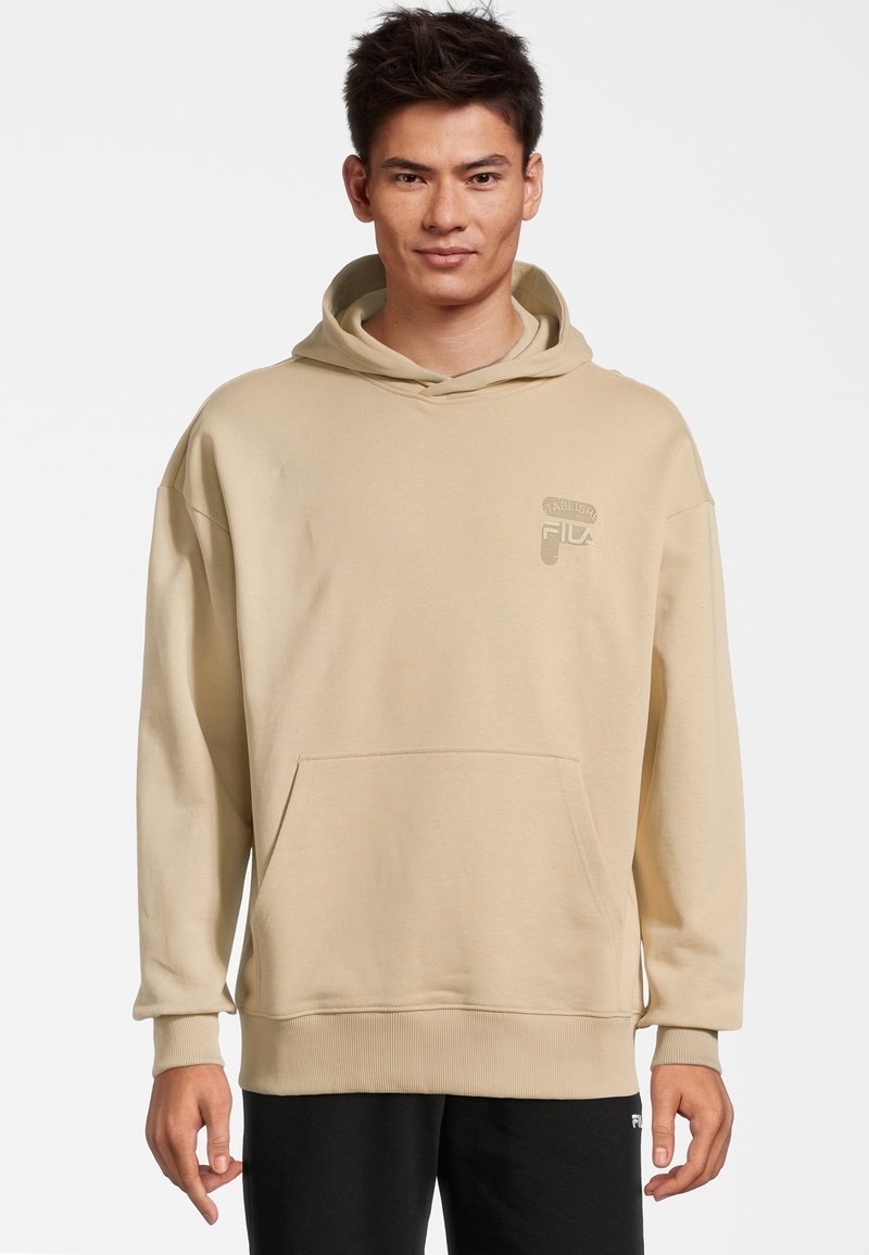 Felpa con cappuccio beige, dotata di tasca anteriore, polsini e orlo a coste, con un piccolo logo stampato sul petto. Tessuto morbido, design casual.
