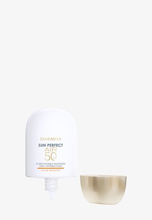 Lancaster Sun Perfect Air SPF 50 dagelijkse onzichtbare vloeibare zonnebrandcrème met afneembare gouden dop, witte fles met gouden en zwarte tekst.