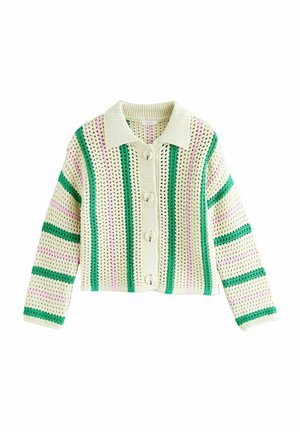 Kremfarvet hæklet cardigan med grønne og lyserøde lodrette striber, store knapper, lange ærmer og en ribbet hals, lagt fladt på hvid baggrund.