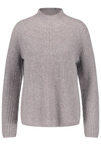 Maglione a coste grigio chiaro con collo alto, maniche lunghe e vestibilità ampia. Realizzato in tessuto a maglia testurizzata, presenta una lavorazione a righe verticali.