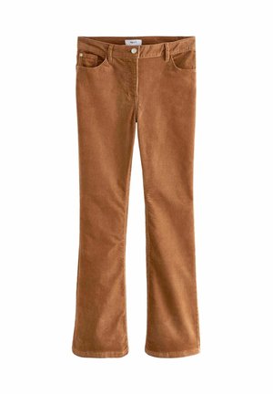 Braune Corduroy-Bootcut-Hose mit glatter Textur, featuring einen vorderen Knopfverschluss, Gürtelschlaufen und einem Fünf-Taschen-Design.