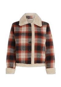 Veste à carreaux à boutons dans des tons orange, noir et beige avec col, poignets et bordure en sherpa crème douce.