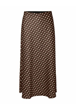 Brun midi-skjørt med hvite polkadotter, glatt stoff, lett vidde og smal midje.