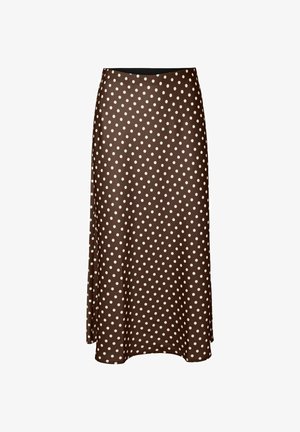 Falda midi marrón con lunares blancos, tela lisa, ligero vuelo y cinturilla ajustada.