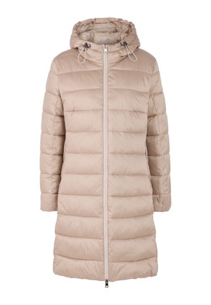 Beige puffer coat with a hood, featuring horizontal quilting, a full zipper, and adjustable drawstrings at the neck. Soft, smooth texture.