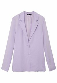 Lilafarbenes Blazer aus glattem Stoff, mit Reverskragen, langen Ärmeln und drei vorderen Knöpfen. Einfaches, maßgeschneidertes Design.