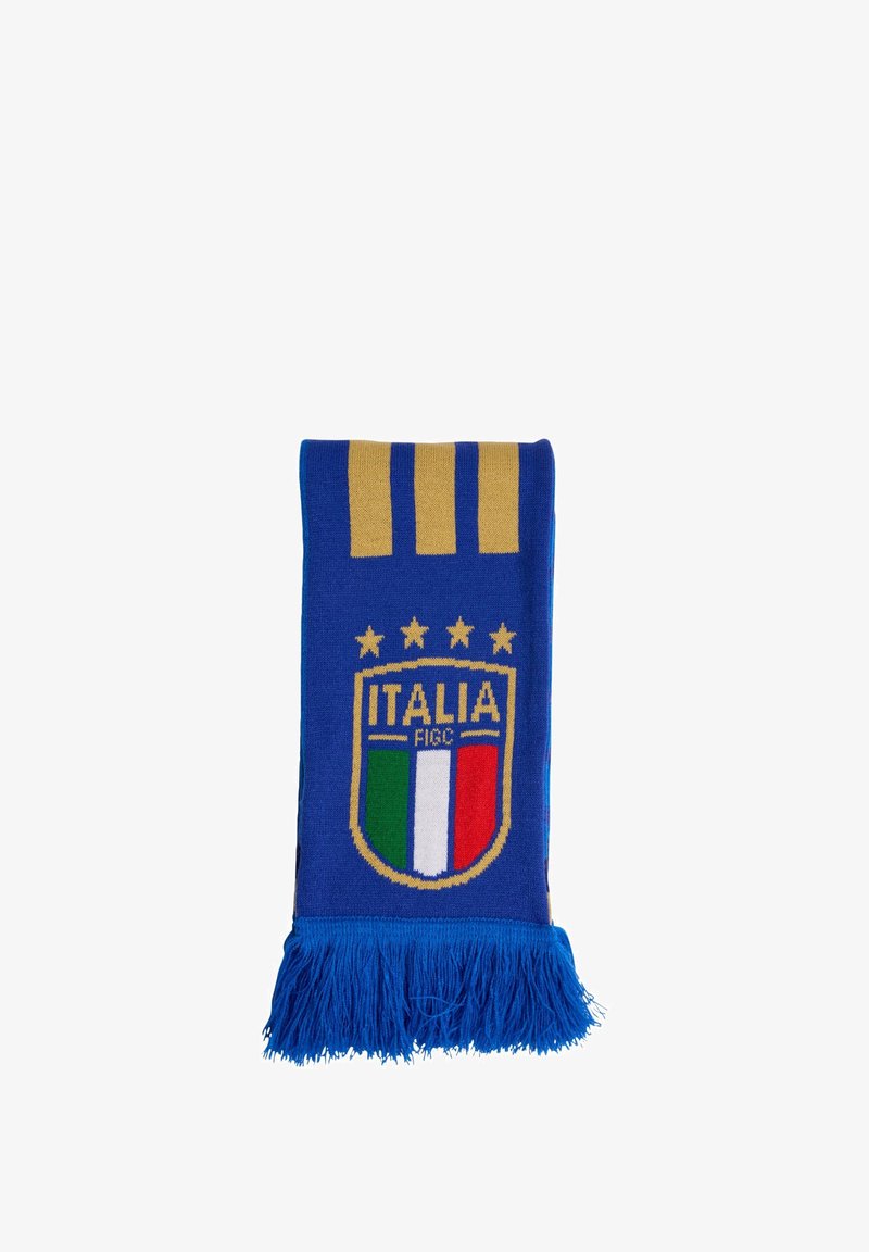 Blå tørklæde med frynsede kanter, prydet med guldstriber, ordet "ITALIA" og et centralt skjold med et grønt, hvidt og rødt emblem.