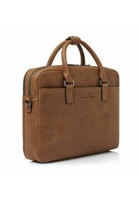 Bruine leren laptoptas met dubbele handgrepen, ritssluiting en een minimalistisch ontwerp. Voorzien van een logo dat op de voorkant is geperst. Gladde afwerking.