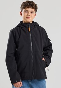 Black hooded jacket with a front zipper, side pockets, and adjustable cuffs. Made from a smooth, water-resistant material.