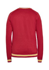 Maglione rosso lavorato a maglia con maniche lunghe, polsini a costine e orlo a strisce gialle e bianche. Presenta un design con collo a giro.