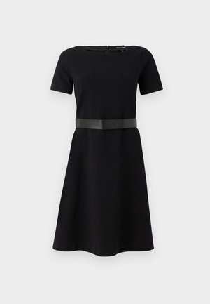 Black short-sleeve dress with a fitted bodice and flared skirt, featuring a wide, dark belt at the waist and a rear zipper closure.