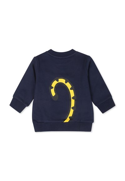 Sweatshirt marine avec un design de queue jaune au dos, manches longues, poignets côtelés et col rond. Matière douce en mélange de coton.
