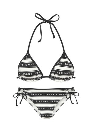 Čierno-biely pruhovaný bikini set s horným dielom viazaným na krk a spodným dielom viazaným na bokoch, s opakujúcim sa vzorom loga "ELBSAND".