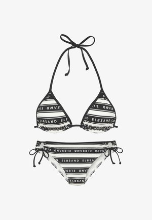Zwart-wit gestreept bikini set met een top met striksluiting bij de hals en broekje met zijstrik, met een herhaald "ELBSAND" logo patroon.