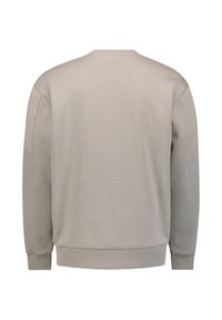 Beiges Sweatshirt mit Rundhalsausschnitt, langen Ärmeln und gerippten Bündchen. Glatte Textur mit minimalen Nähten auf der Rückseite.