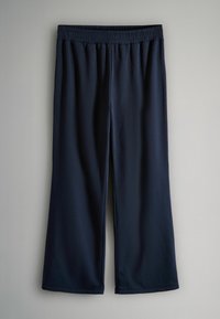 Pantaloni largo blu navy in tessuto morbido, con vita elasticizzata e texture liscia, senza motivi visibili o dettagli.