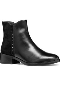 Black ankle boot with a smooth leather upper, suede back, rounded toe, low block heel, and decorative stud accents along the side.