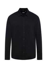 Black long-sleeve shirt with a classic collar, button front, and a muscle fit design. Made from a textured fabric with subtle stretch.