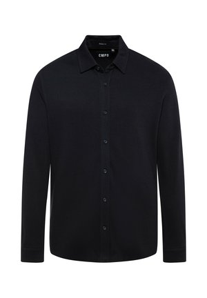 Black long-sleeve shirt with a classic collar, button front, and a muscle fit design. Made from a textured fabric with subtle stretch.