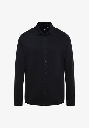 Black long-sleeve shirt with a classic collar, button front, and a muscle fit design. Made from a textured fabric with subtle stretch.