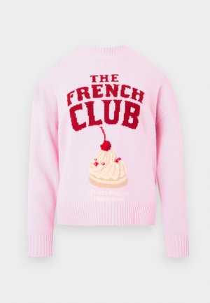 Pink sweater featuring "THE FRENCH CLUB" in red knitted lettering and an image of a dessert with a cherry on top. Ribbed cuffs and hem.