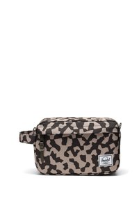 Borsa con motivo camouflage in beige e nero, forma rettangolare con chiusura a zip, materiale tessile e manico laterale per una facile portabilità.