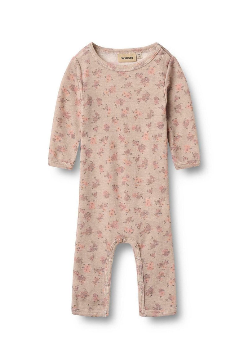 Bodysuit de manga larga en beige claro con un patrón floral en rosa y púrpura. Cierres de botones en el hombro y botones a presión en la parte inferior.