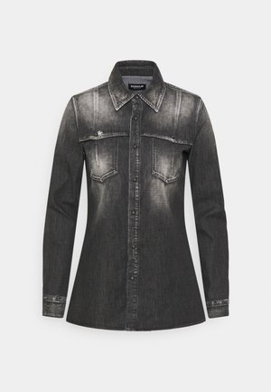 Black denim shirt with long sleeves, button-up front, two chest pockets, and fading details. Includes a classic collar and structured shape.