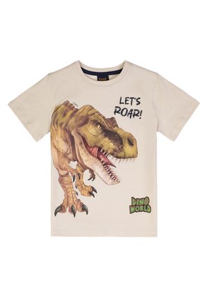 Beige short-sleeve shirt with a roaring T-Rex illustration, text "LET'S ROAR!" and "DINO WORLD" logo on the front.