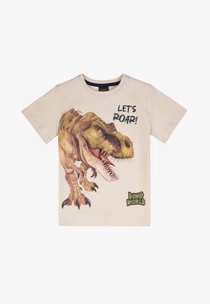 Maglietta beige a maniche corte con un'illustrazione di un T-Rex che ruggisce, testo "LET'S ROAR!" e logo "DINO WORLD" sul davanti.