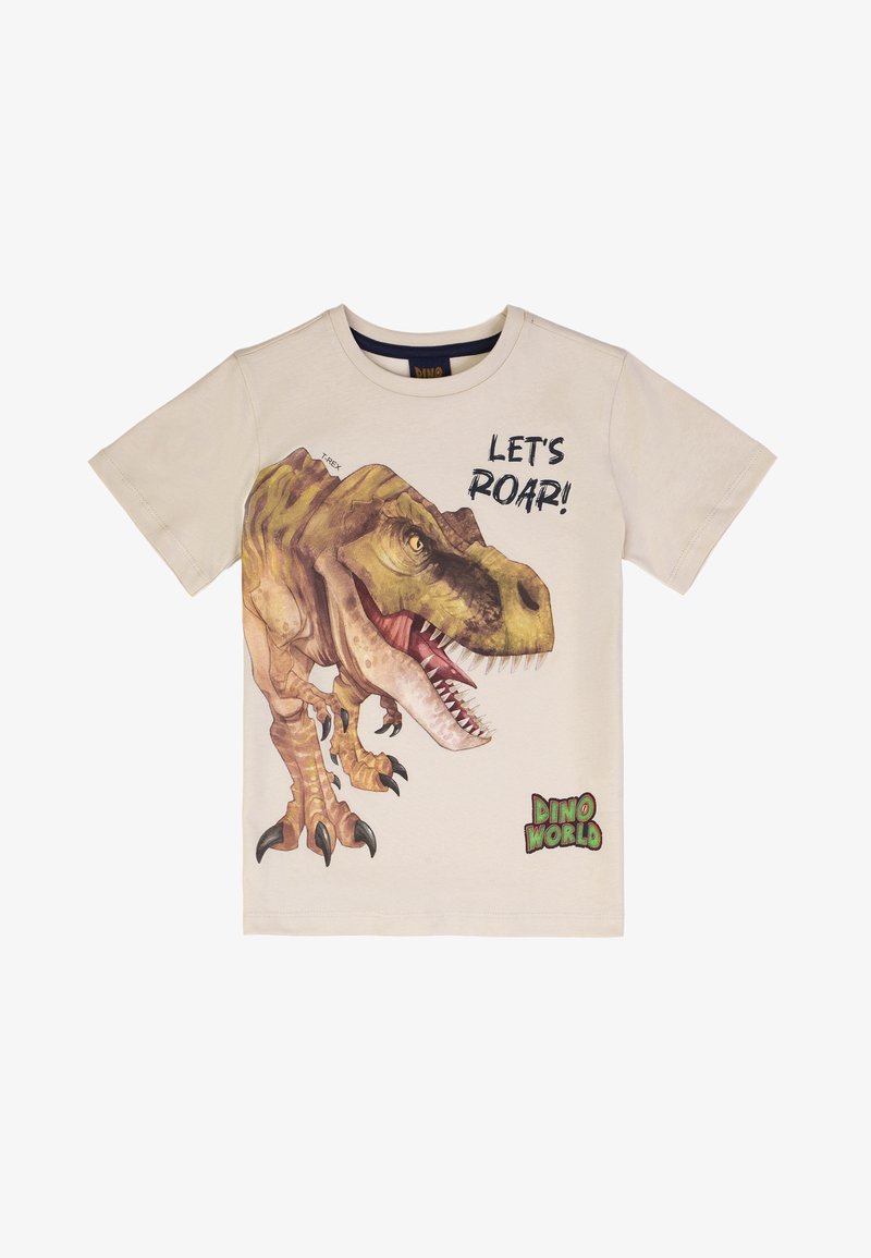 Maglietta beige a maniche corte con un'illustrazione di un T-Rex che ruggisce, testo "LET'S ROAR!" e logo "DINO WORLD" sul davanti.