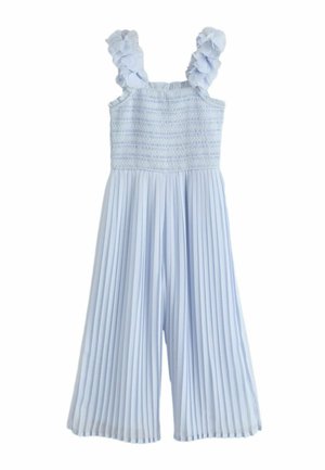 Hellblauer ärmelloser Jumpsuit mit gerafftem Oberteil, Rüschen-Schulterriemen und weiten plissierten Hosenbeinen.