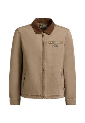 Chaqueta marrón con cremallera, cuello de pana, bolsillo con cremallera en el pecho y dos bolsillos laterales, de tela tipo lona.