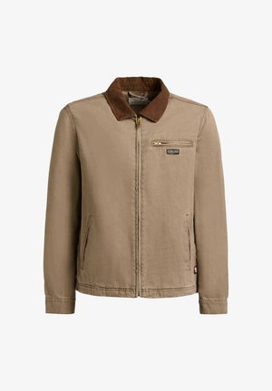 Brown zip-up jacket with corduroy collar, chest zip pocket, and two side pockets, in canvas-like fabric.