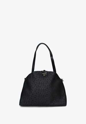 Zwarte handtas met herhalend "GATTINONI ROMA" tekstpatroon, dubbele handgrepen en een kleine gouden logo-sluiting in het midden van de voorkant.