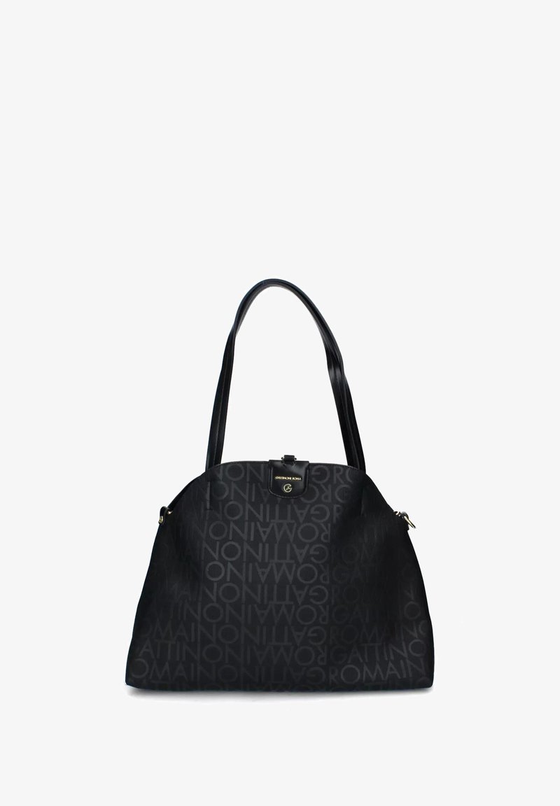 Borsa nera con motivo a testo ripetuto "GATTINONI ROMA", doppi manici e una piccola chiusura a logo dorato al centro frontale.