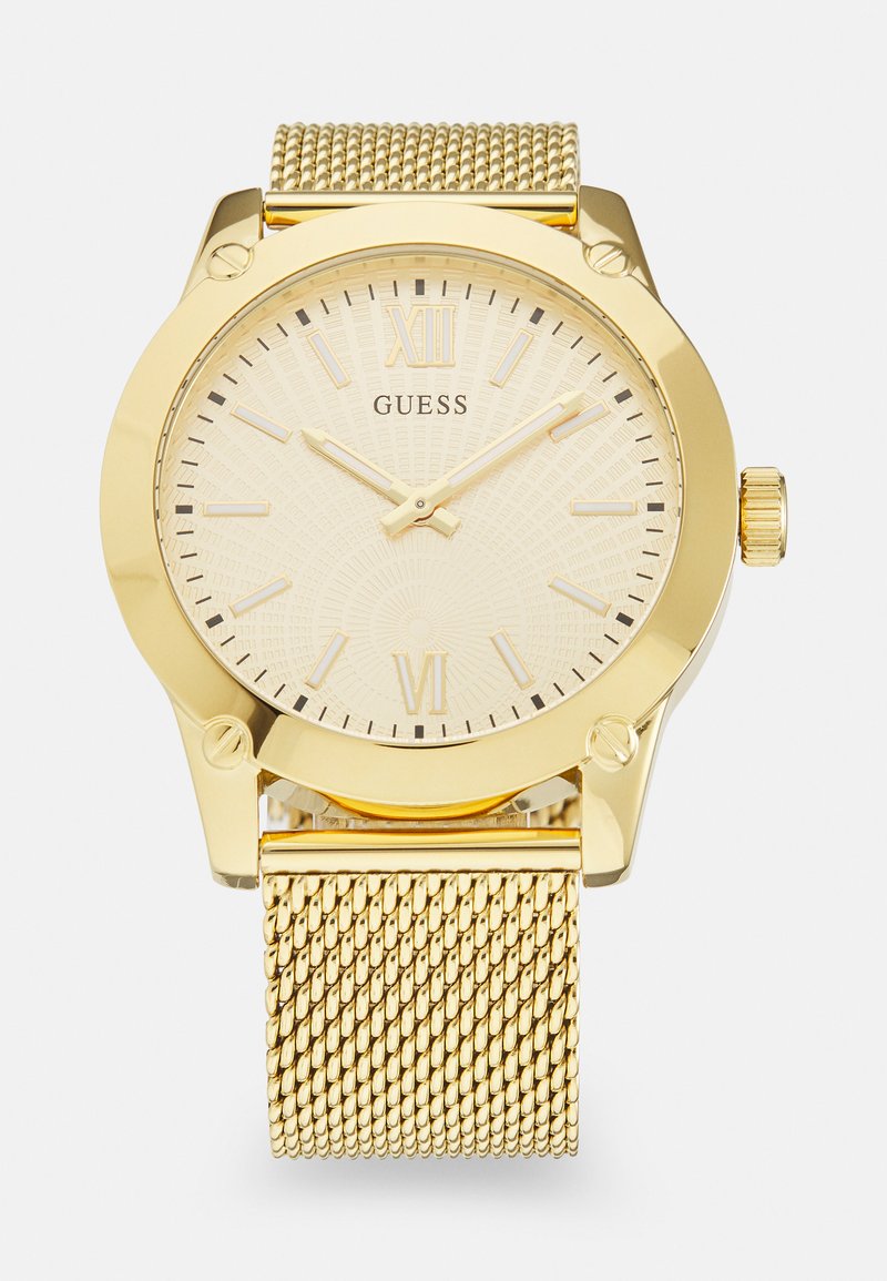 Goldfarbener Mesh-Armbanduhr mit einem strukturierten cremefarbenen Zifferblatt, römischen Ziffern als Markierungen und einem runden goldenen Gehäuse. Verfügt über eine Krone zur Zeiteinstellung.