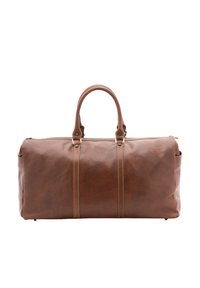 Borsa a duffle in pelle marrone con due manici superiori, cuciture a contrasto, texture liscia, chiusura a zip e tasca laterale per ulteriore spazio di archiviazione.