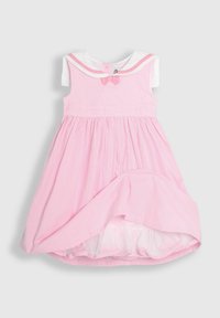 Robe rose avec col marin blanc, manches courtes et détail en nœud à l'avant. Présente une jupe évasée avec des rayures verticales et une doublure.
