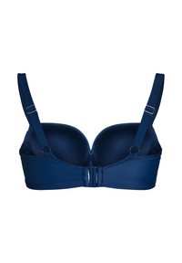 Reggiseno blu navy con ferretti, coppe modellate, spalline regolabili e chiusura a gancio sul retro. Tessuto liscio con cuciture sottili.